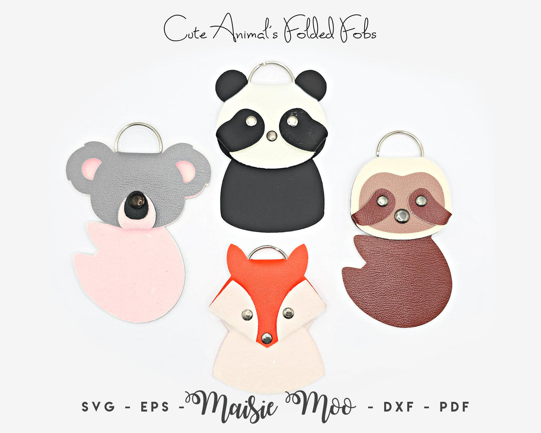 Folded Cute Animal Keychain SVG | Sloth Key Fob | Fox, Panda, Koala Bag Tag Fob Template | Faux Leather Keychain | Cricut SVG Cut File