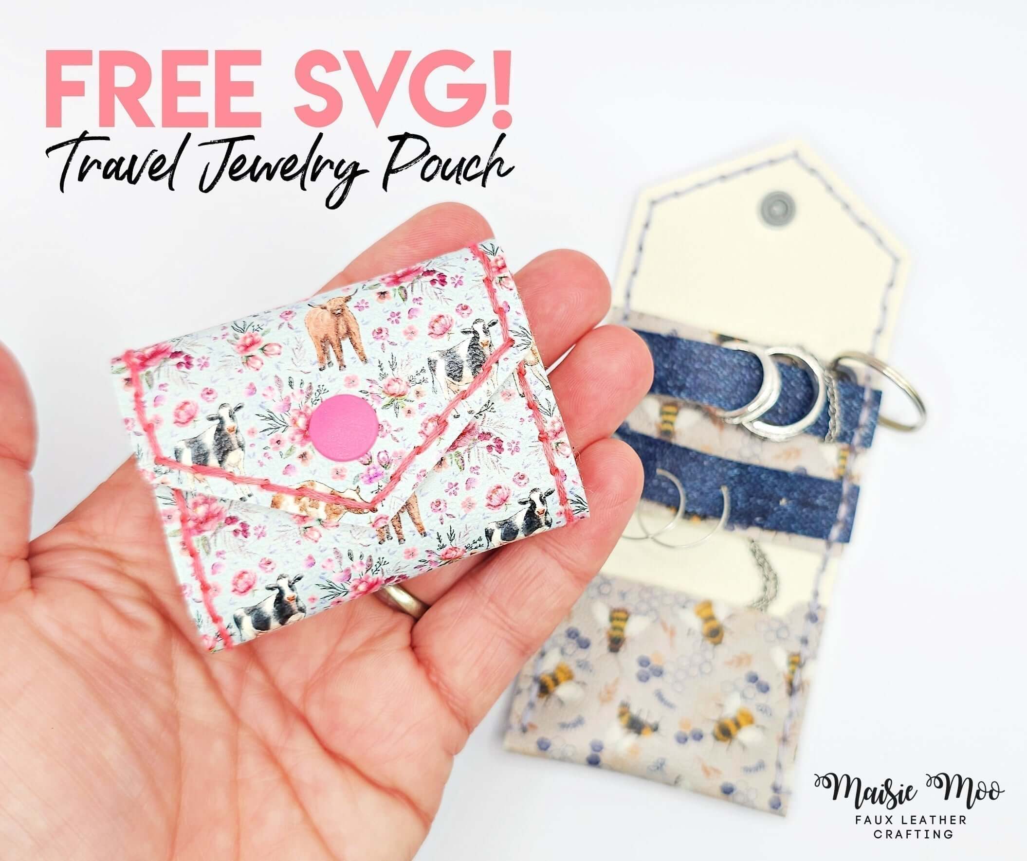 FREE SVG! Travel Jewelry Pouch by Maisie Moo held in hand, showcasing stylish design for travel organization.