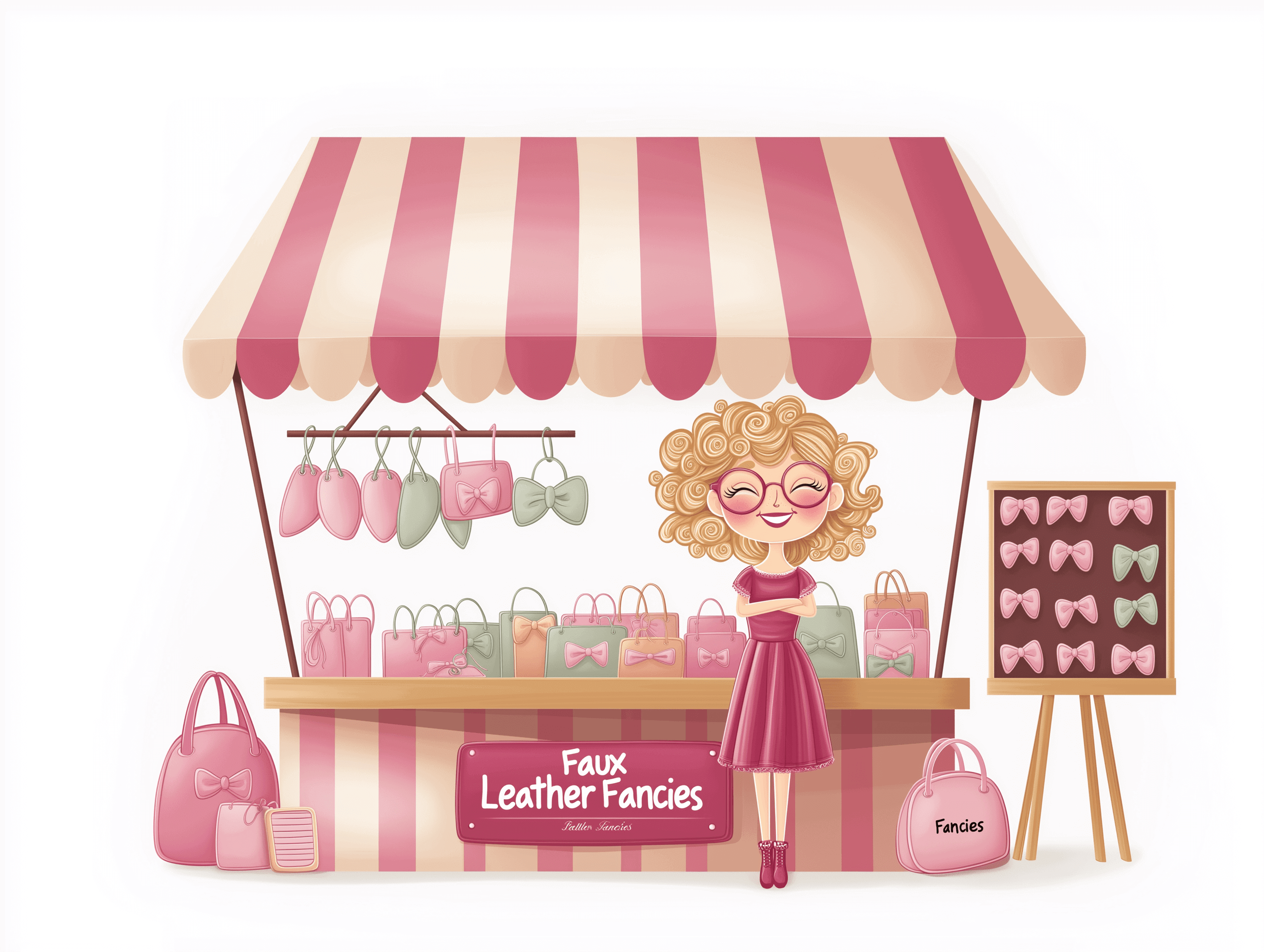 Colorful market stall named Faux Leather Fancies showcasing faux leather bows and bags, inspiring handmade craft pricing.