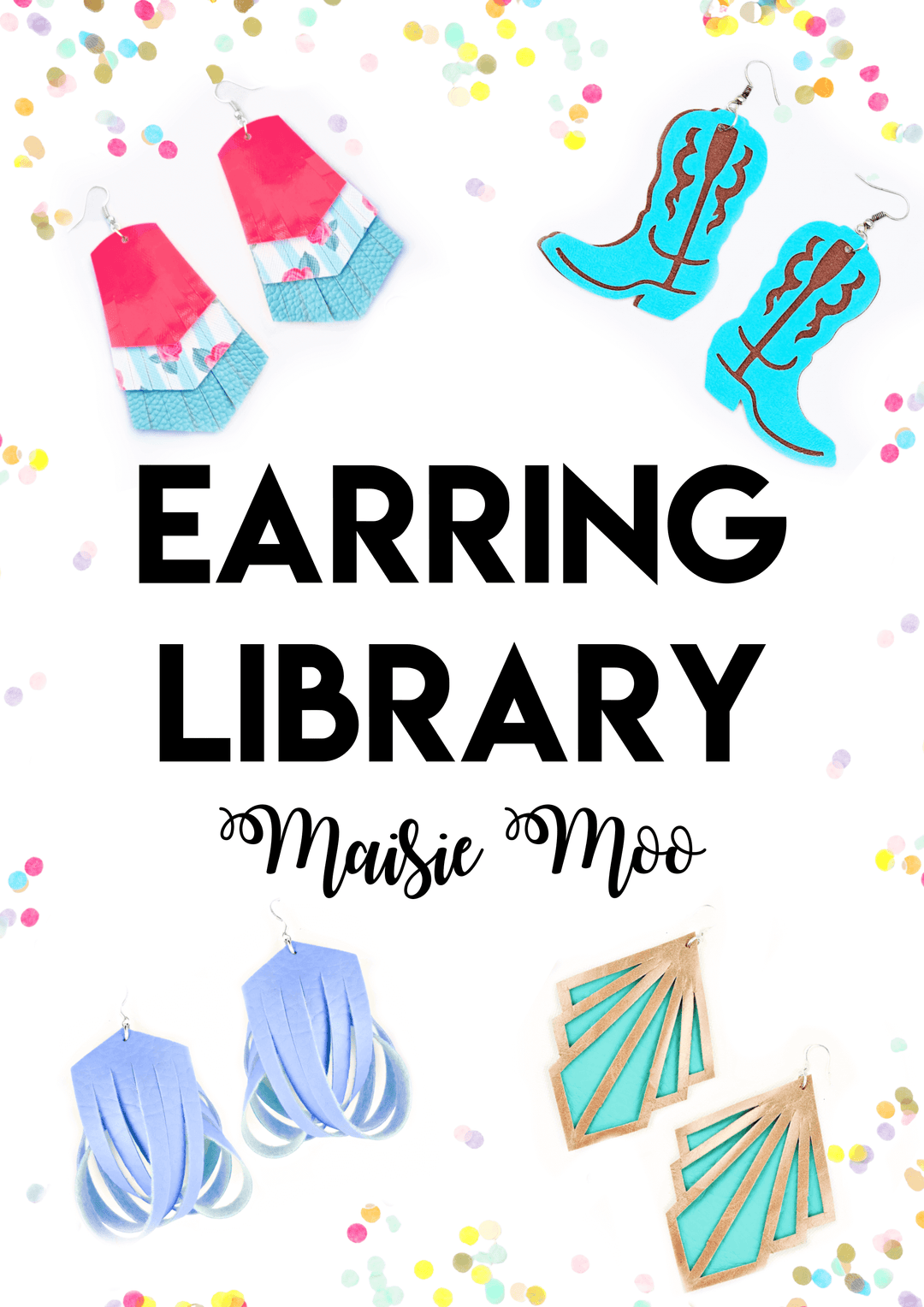 Maisie Moo's Earring Library for Etsy with colorful earrings displayed and fun background patterns.