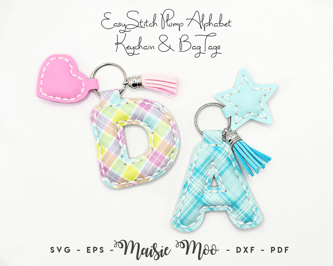 Personalized Initial Keychain – DIY Faux Leather Charm featuring colorful alphabet keychains and bag tags by Maisie Moo.
