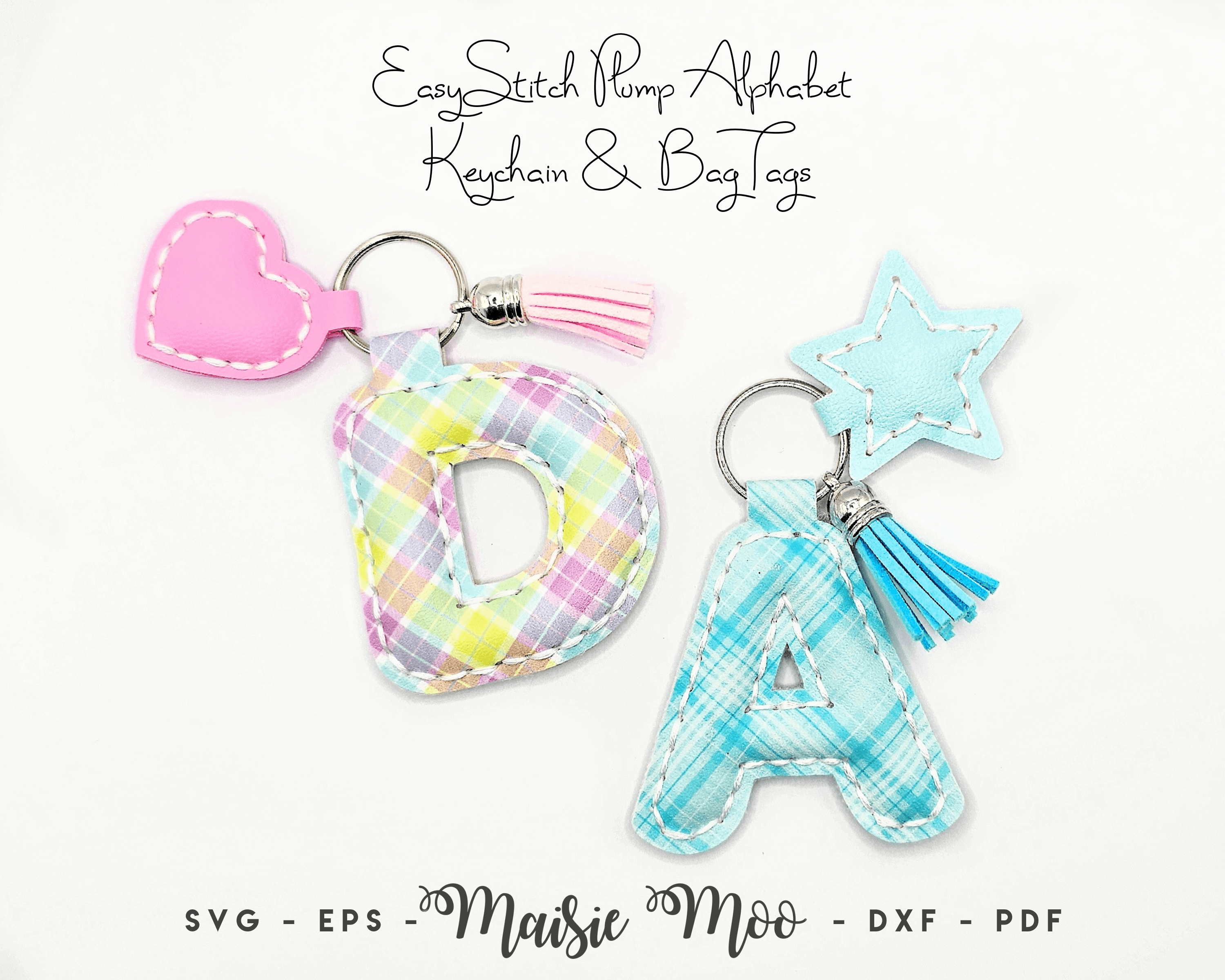 Personalized Initial Keychain – DIY Faux Leather Charm featuring colorful alphabet keychains and bag tags by Maisie Moo.