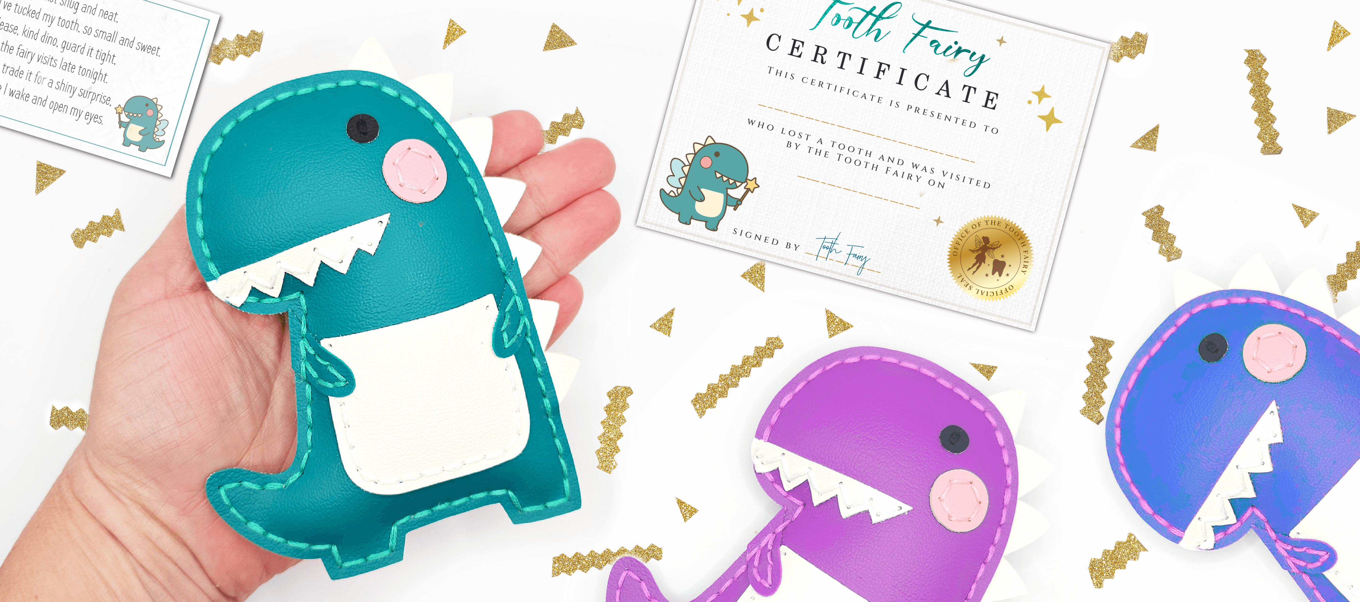 Dino Tooth Fairy Pillow Pattern – Make New Traditions with This Easy Faux Leather Sewing Project with colorful dinosaur pillows holding a certificate.