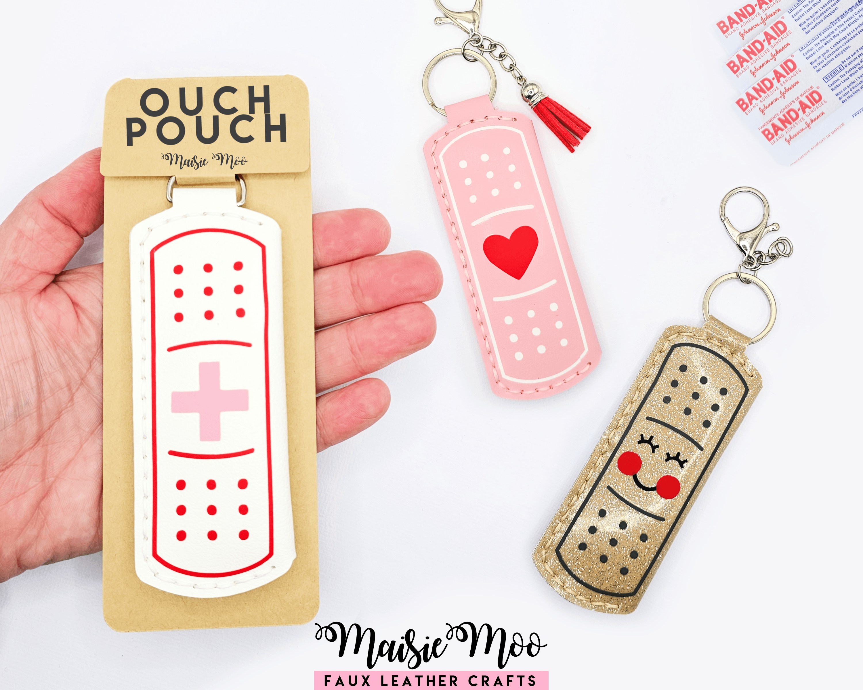 Bandaid holder keychain set featuring a faux leather pouch, colorful designs, and practical storage for bandages.