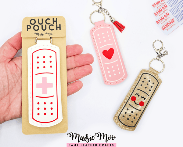 Bandaid holder keychain set featuring a faux leather pouch, colorful designs, and practical storage for bandages.