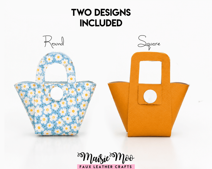 Teeny Tiny Tote Bag Charm SVG featuring round and square designs in floral and orange styles.