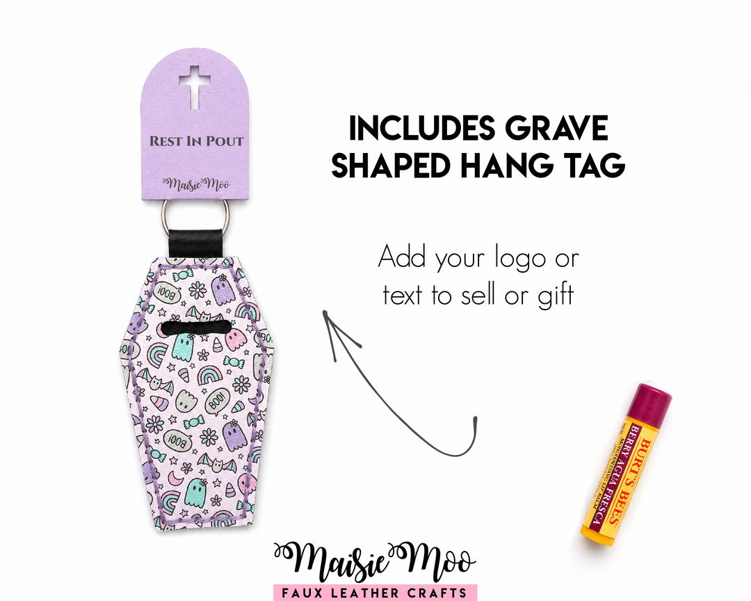 Coffin Lip Balm Holder with grave-shaped hang tag, perfect for gifts and gothic accessories by Maisie Moo Design.
