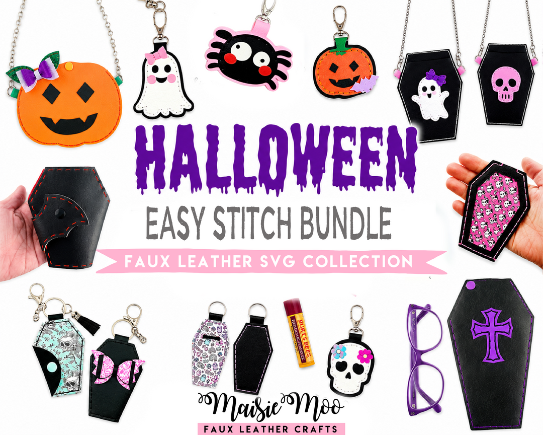 Halloween Easy Stitch bundle featuring faux leather accessories and SVG designs for crafty Halloween projects.