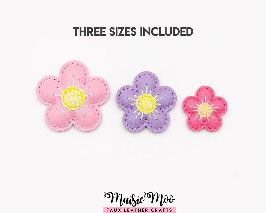 Flower Blossom Bag Charm SVG, Faux Leather Flower in three sizes: pink, purple, and small pink flower with stitched details.
