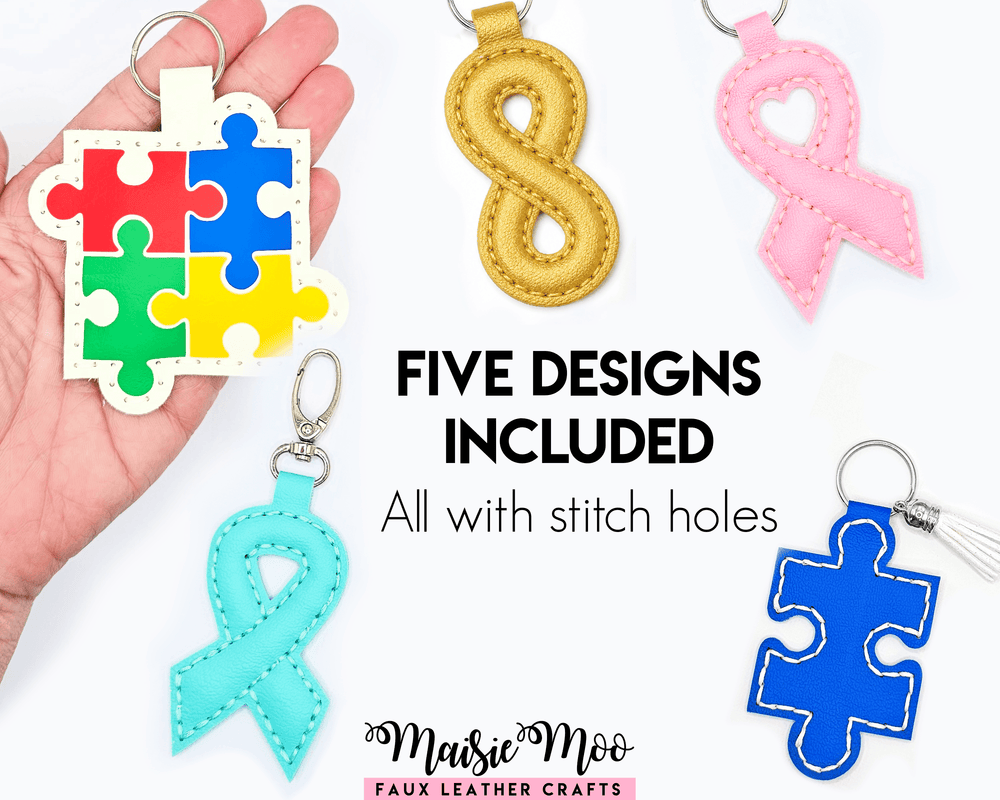 Awareness ribbon keychains in five designs with stitch holes for support and fundraising.