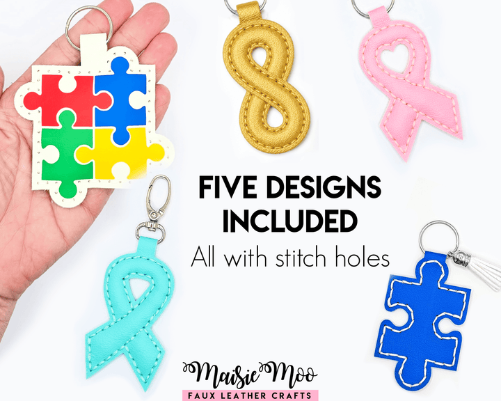 Awareness ribbon keychains in five designs with stitch holes for support and fundraising.