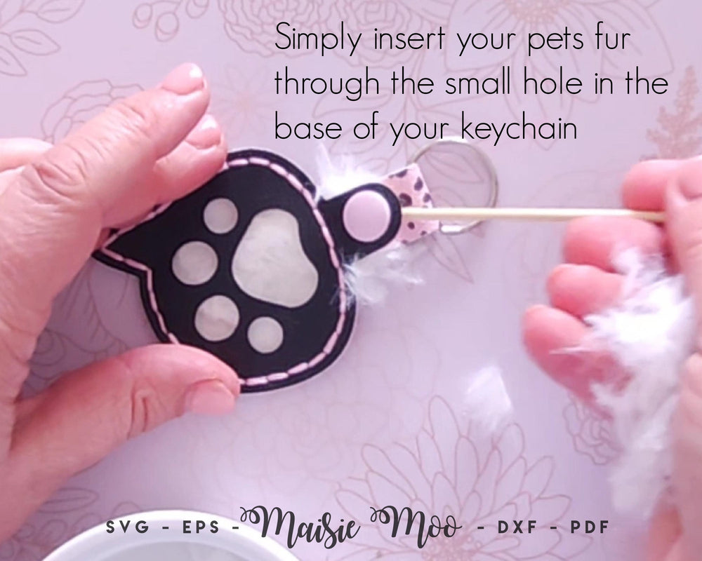 Cat Fur Keepsake Keychain SVG, Pet Hair Storage key Fob, Leather Paw Print Keychain Template