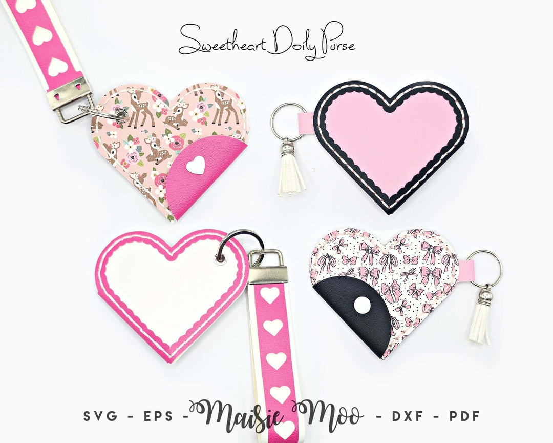 Doily Sweetheart Keychain Coin Purse Faux Leather Crafts for Cricut and Silhouette by Maisie Moo Design