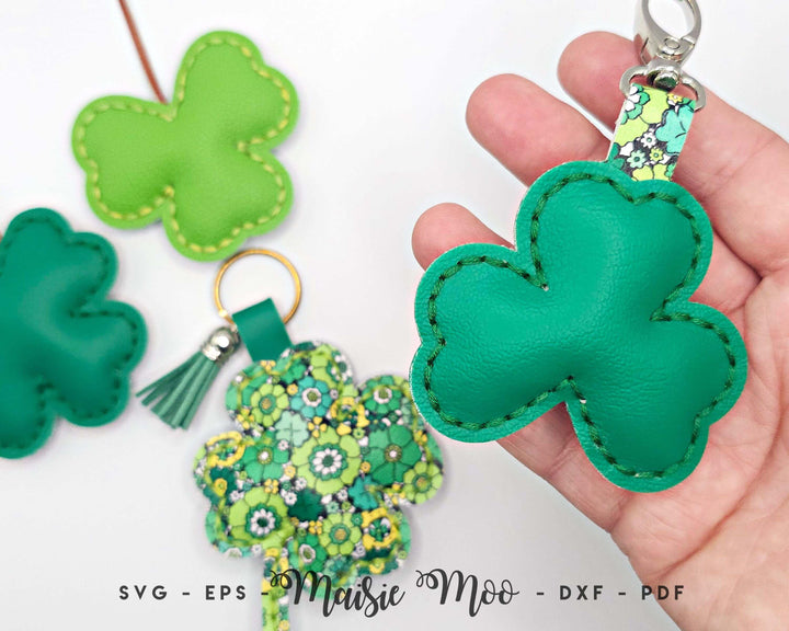 Lucky Bag Charm Key Chain SVG Pattern, Four Leaf Clover Faux Leather Bag Charm Pattern, Shamrock St Patricks Leather Bag Charm Template