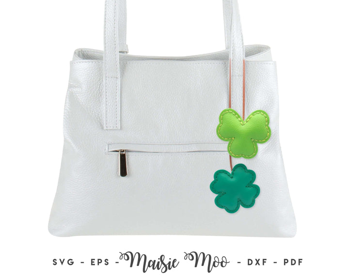 Lucky Bag Charm Key Chain SVG Pattern, Four Leaf Clover Faux Leather Bag Charm Pattern, Shamrock St Patricks Leather Bag Charm Template
