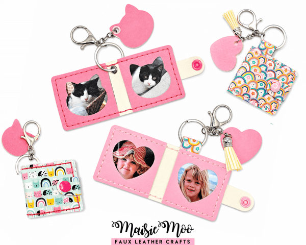 Mini Photo Album Keychain featuring cute pet and family photos in colorful faux leather design.