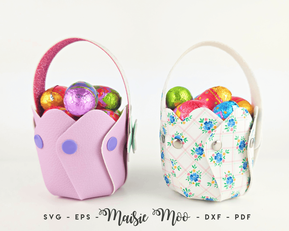 Blossom Basket a FREE SVG by Maisie Moo Design featuring colorful faux leather baskets filled with decorative eggs.