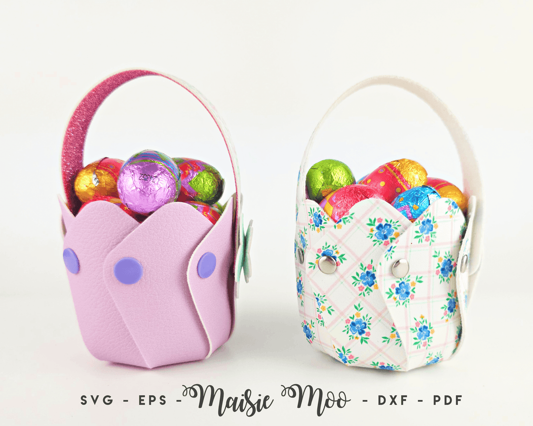 Blossom Basket a FREE SVG by Maisie Moo Design featuring colorful faux leather baskets filled with decorative eggs.