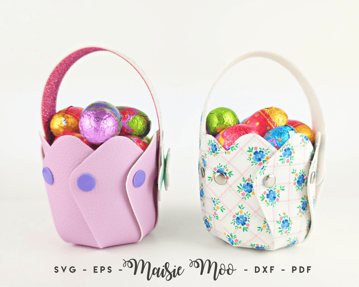 Blossom Basket a FREE SVG by Maisie Moo Design featuring colorful faux leather baskets filled with decorative eggs.