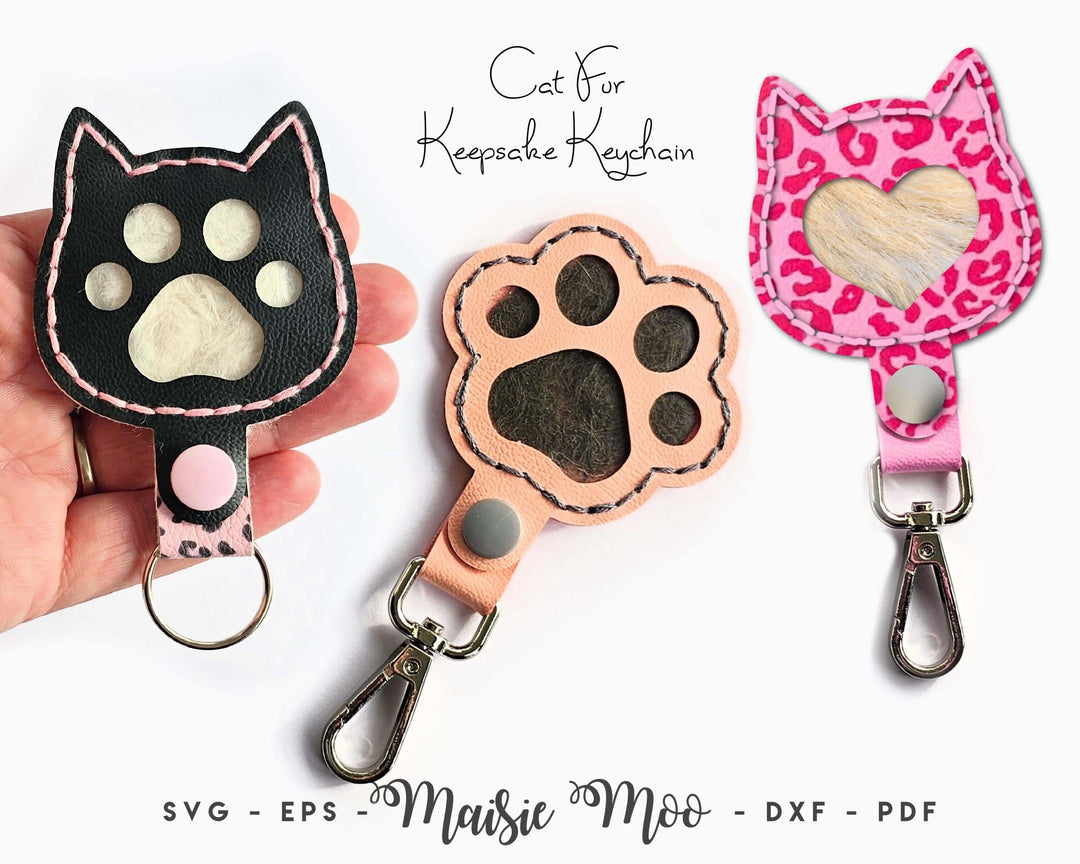 Cat Fur Keepsake Keychain SVG, Pet Hair Storage key Fob, Leather Paw Print Keychain Template