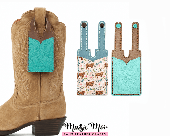 Cowboy Boot Wallet SVG Template, Faux Leather Card Holder Sewing Pattern attached to a cowboy boot for easy access.