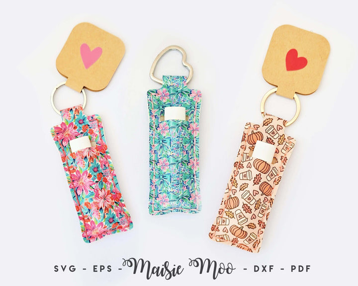 Chapstick Holder Pattern featuring colorful folded chapstick holders with keychains in floral and autumn designs.