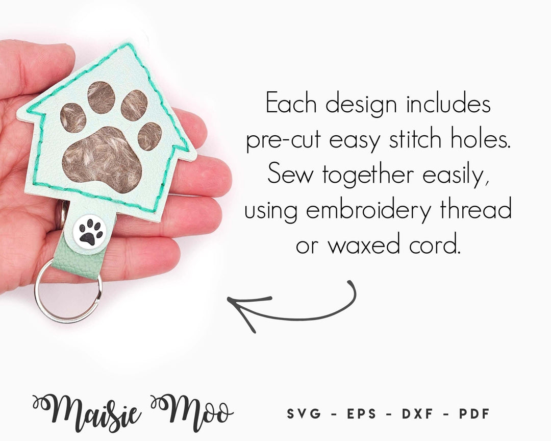 Dog Fur Keepsake Keychain SVG, Pet Hair Storage key Fob, Leather Paw Print Keychain Template