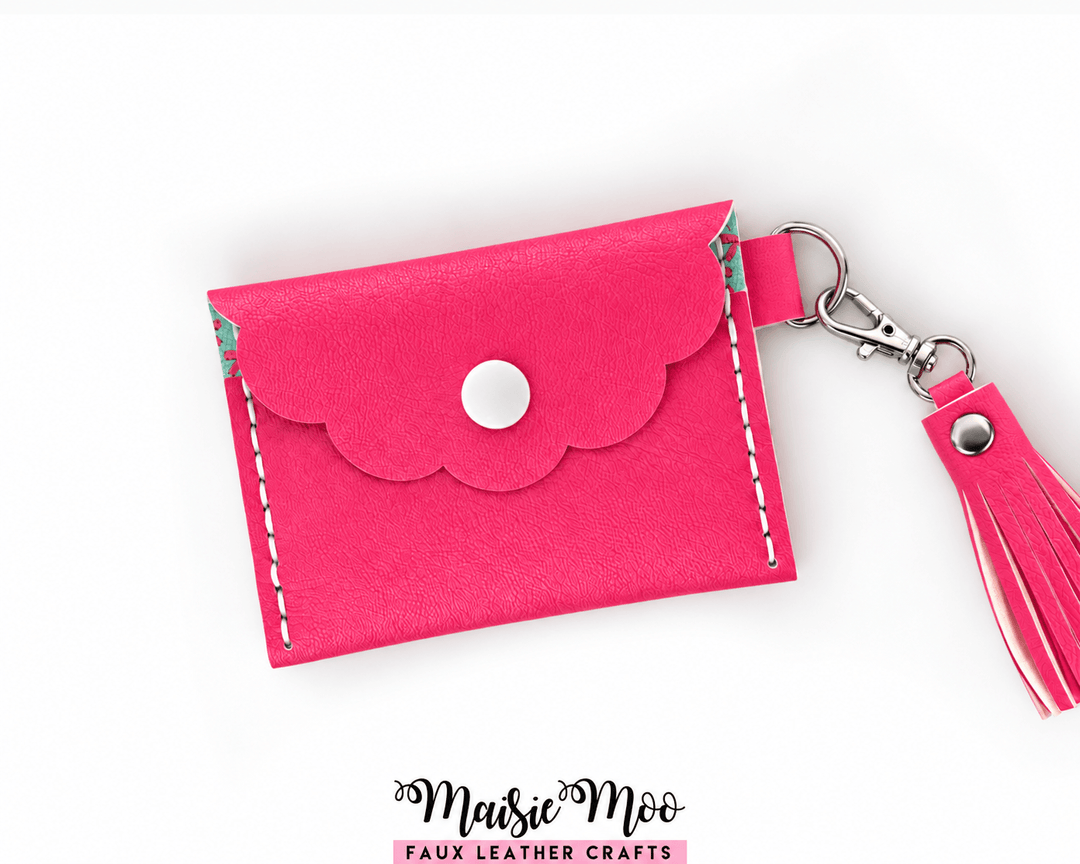 EasyStitch Keychain Card Wallet SVG Pattern | 4 Flap Styles in bright pink faux leather with scalloped flap and keyring.