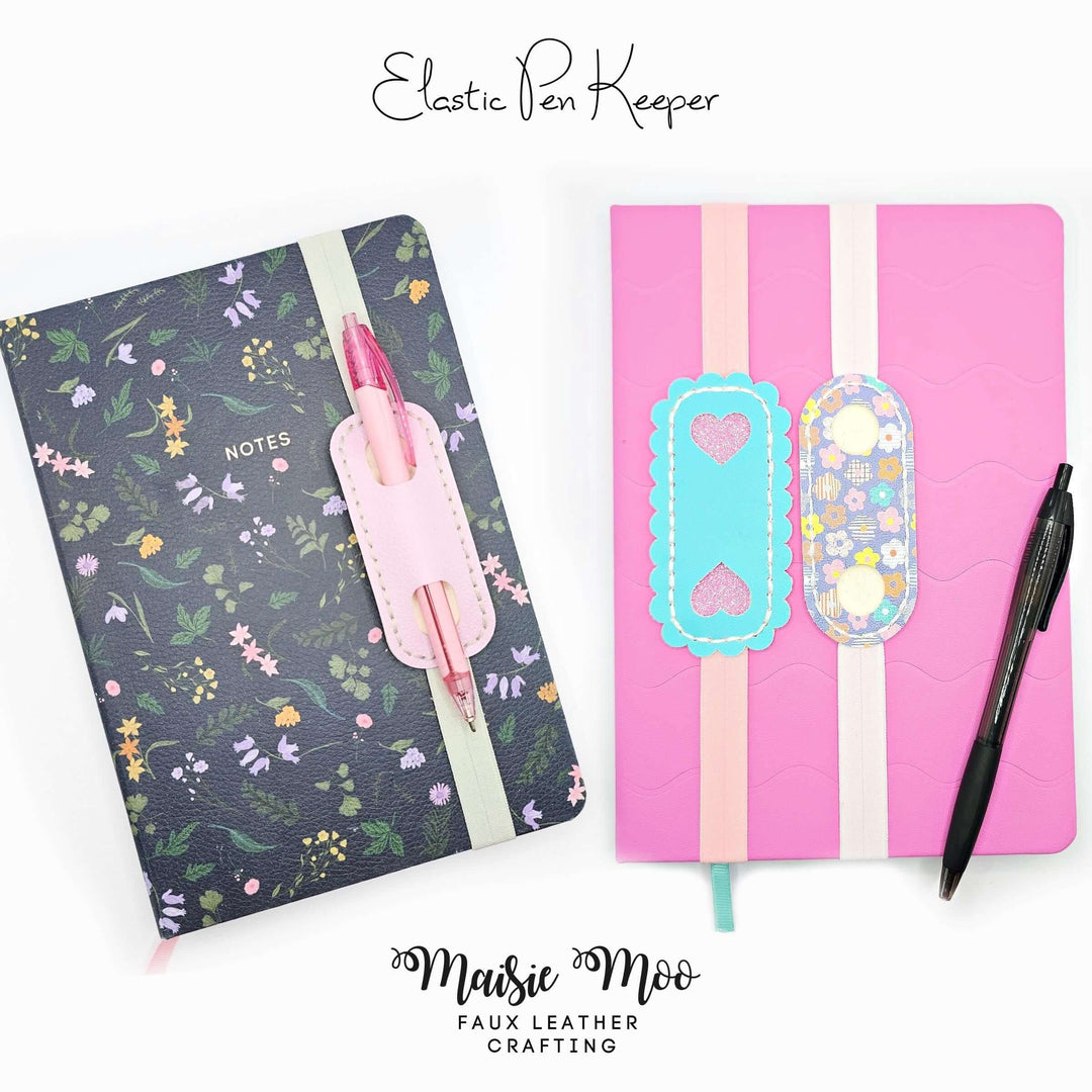 Elastic Pen Holder Bookmark showcased on two colorful notebooks with pens, highlighting its practical design.