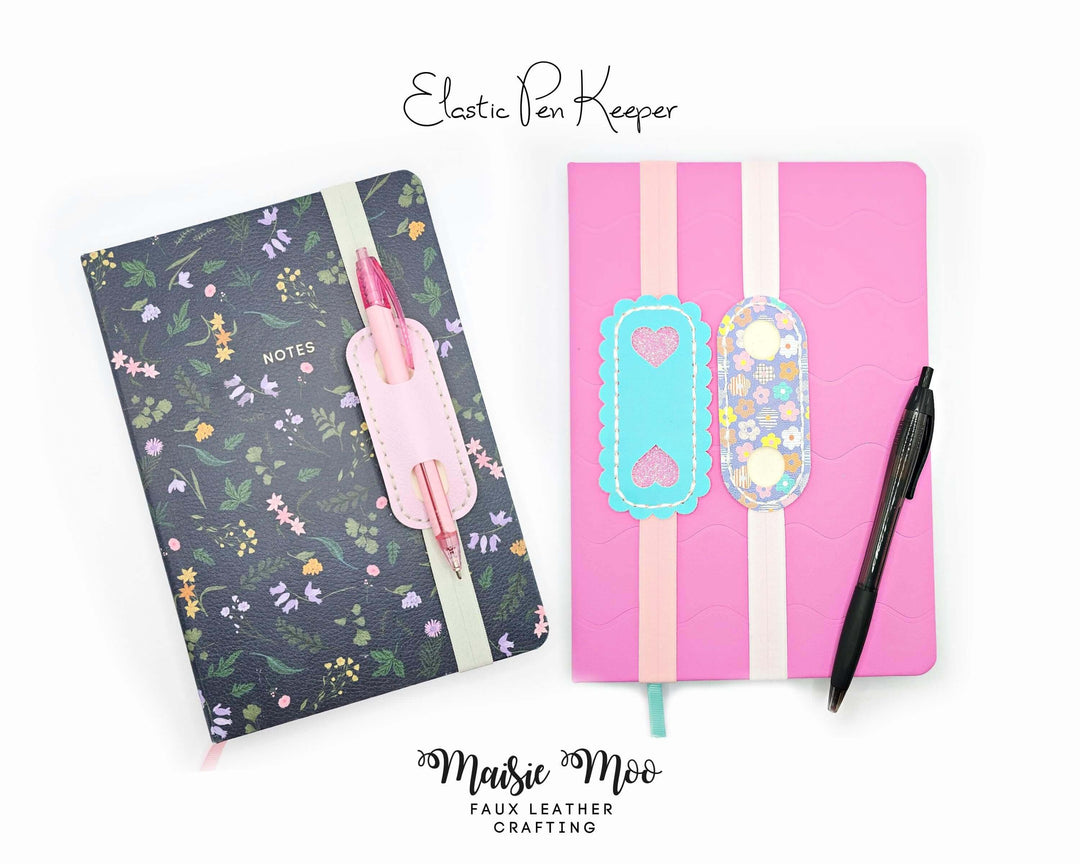 Elastic Pen Holder Bookmark displayed on two notebooks with decorative bookmarks and pens.
