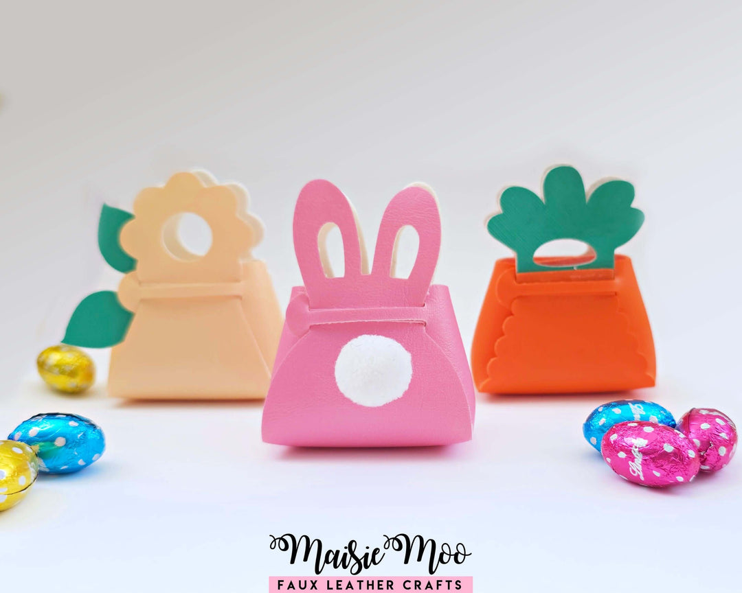 Easter Purse SVG Bundle, Bunny Carrot Flower Treat Holder, No Sew Faux Leather Mini Bag Template for Cricut