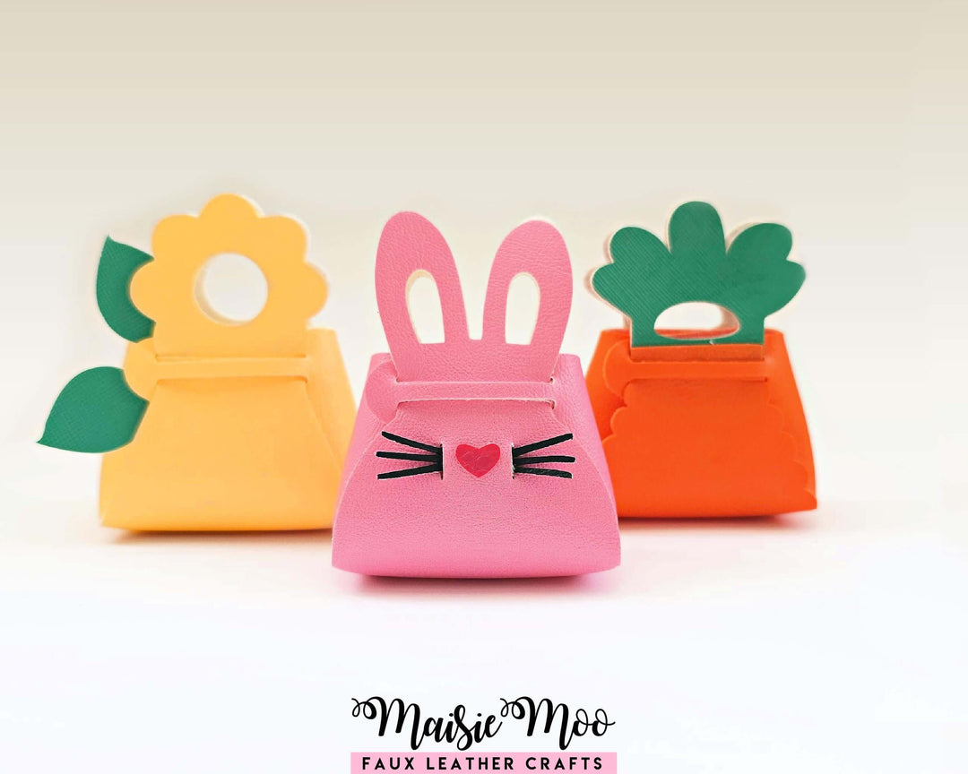 Easter Purse SVG Bundle, Bunny Carrot Flower Treat Holder, No Sew Faux Leather Mini Bag Template for Cricut