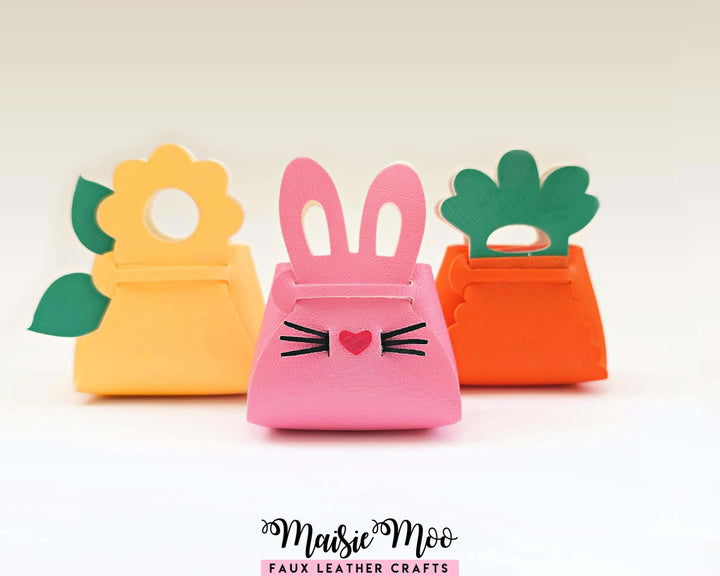 Easter Purse SVG Bundle, Bunny Carrot Flower Treat Holder, No Sew Faux Leather Mini Bag Template for Cricut