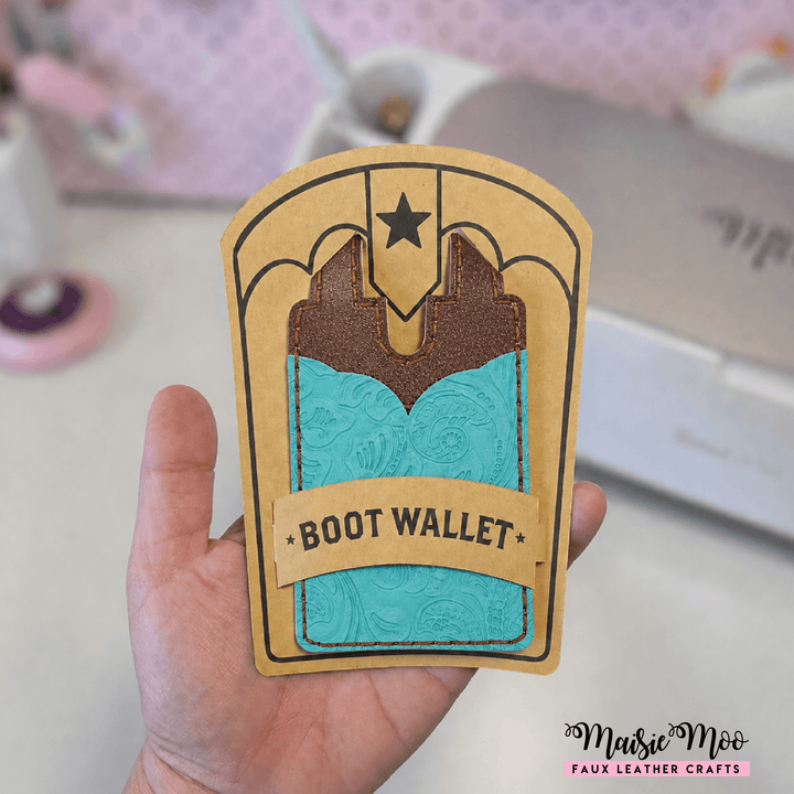 FREE Cowboy Boot Wallet Display Card – SVG & Printable PDF showcasing a hand-held boot wallet display card.