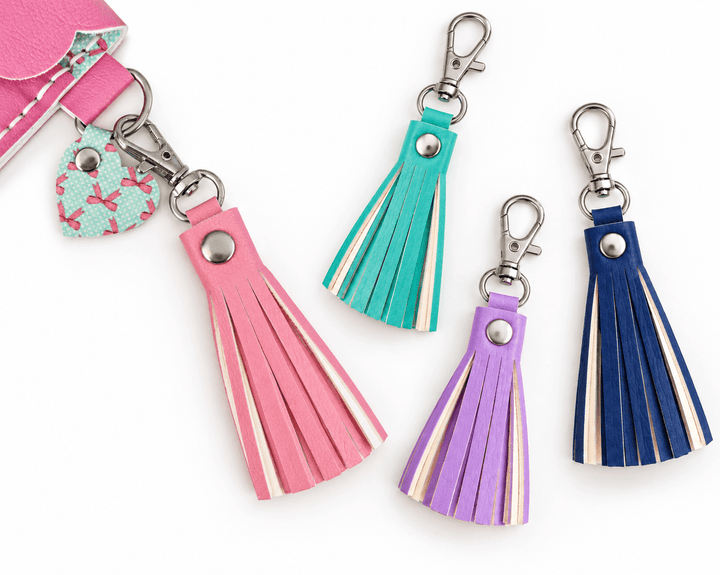 FREE Faux Leather Rivet Tassel Pattern – 4 Sizes in pink, teal, purple, and navy for keychains and handmade creations.