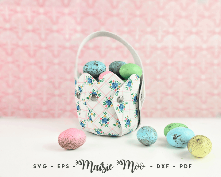 Blossom Basket a FREE SVG by Maisie Moo Design featuring a floral faux leather basket filled with colorful eggs.