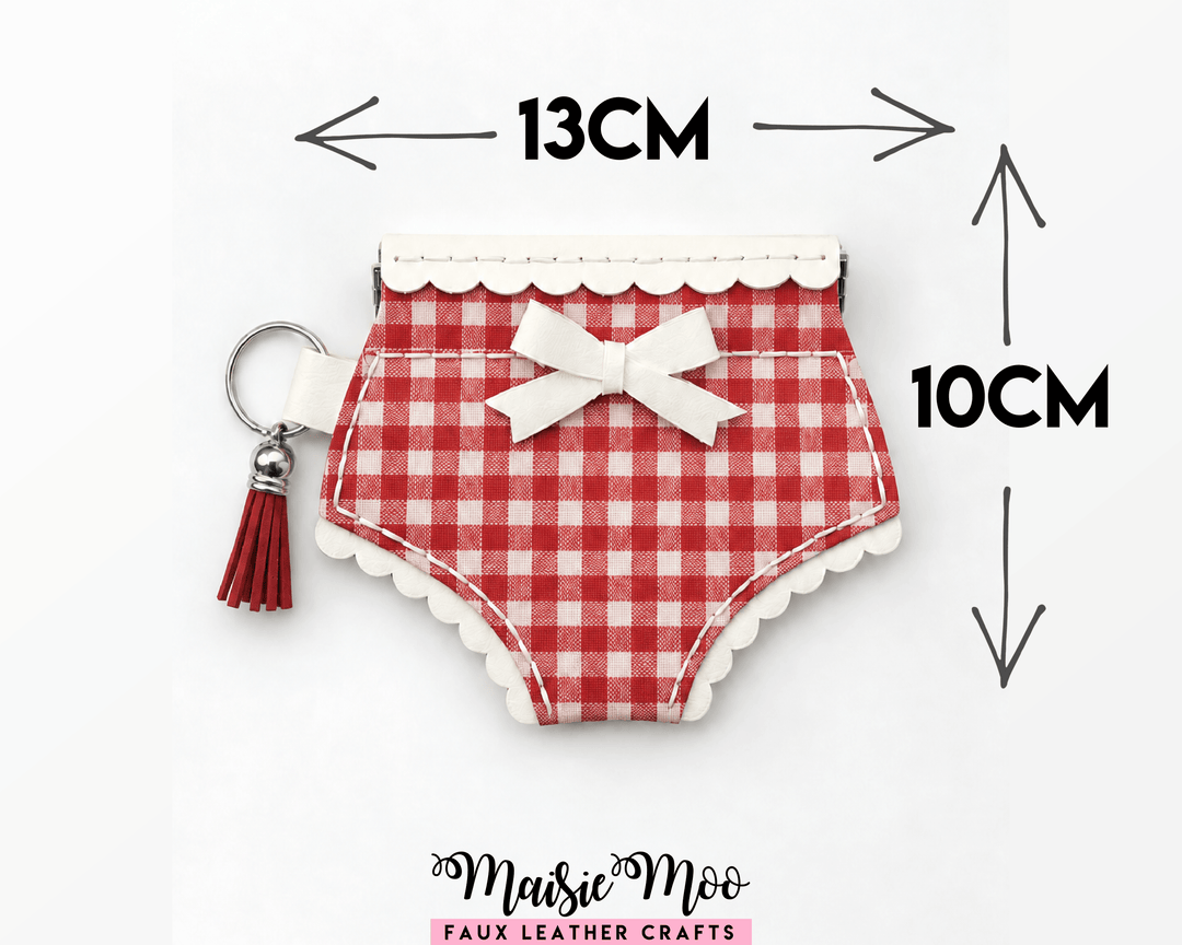 Granny Pants Flex Frame Purse SVG & PDF Pattern - cute faux leather pouch with a red gingham design.
