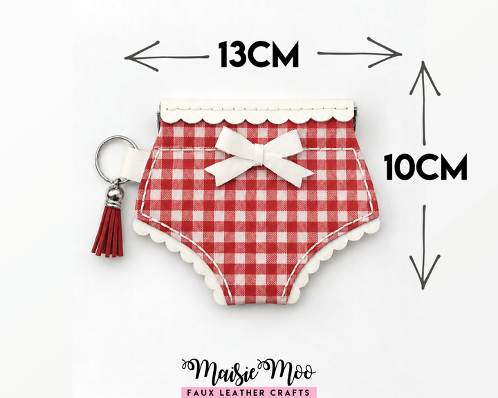 Granny Pants Flex Frame Purse SVG & PDF Pattern - cute faux leather pouch with a red gingham design.
