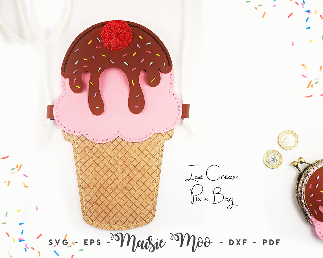 Ice Cream Bag SVG | Faux Leather Bag Pattern | Girls Purse Sewing Pattern | Handbag SVG | No Sew Girls Pixie Purse Template Maisie Moo