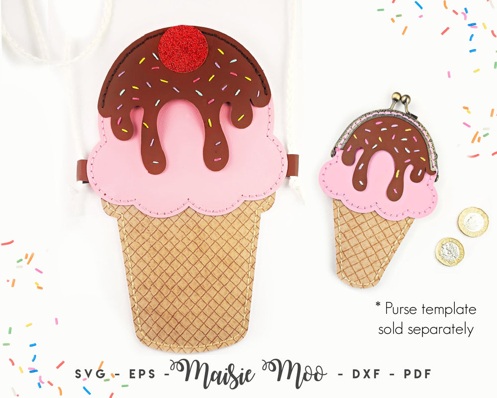 Ice Cream Bag SVG | Faux Leather Bag Pattern | Girls Purse Sewing Pattern | Handbag SVG | No Sew Girls Pixie Purse Template Maisie Moo
