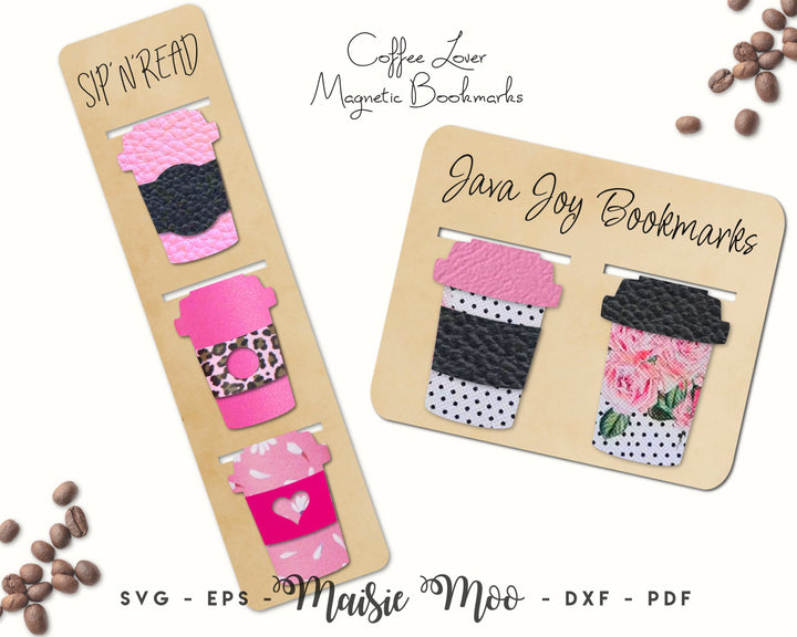 Coffee Lover Bookmark SVG, Magnetic Bookmark Template, Book Lover Gift, DIY Planner Book Mark Faux Leather Crafts for Cricut Cut Files