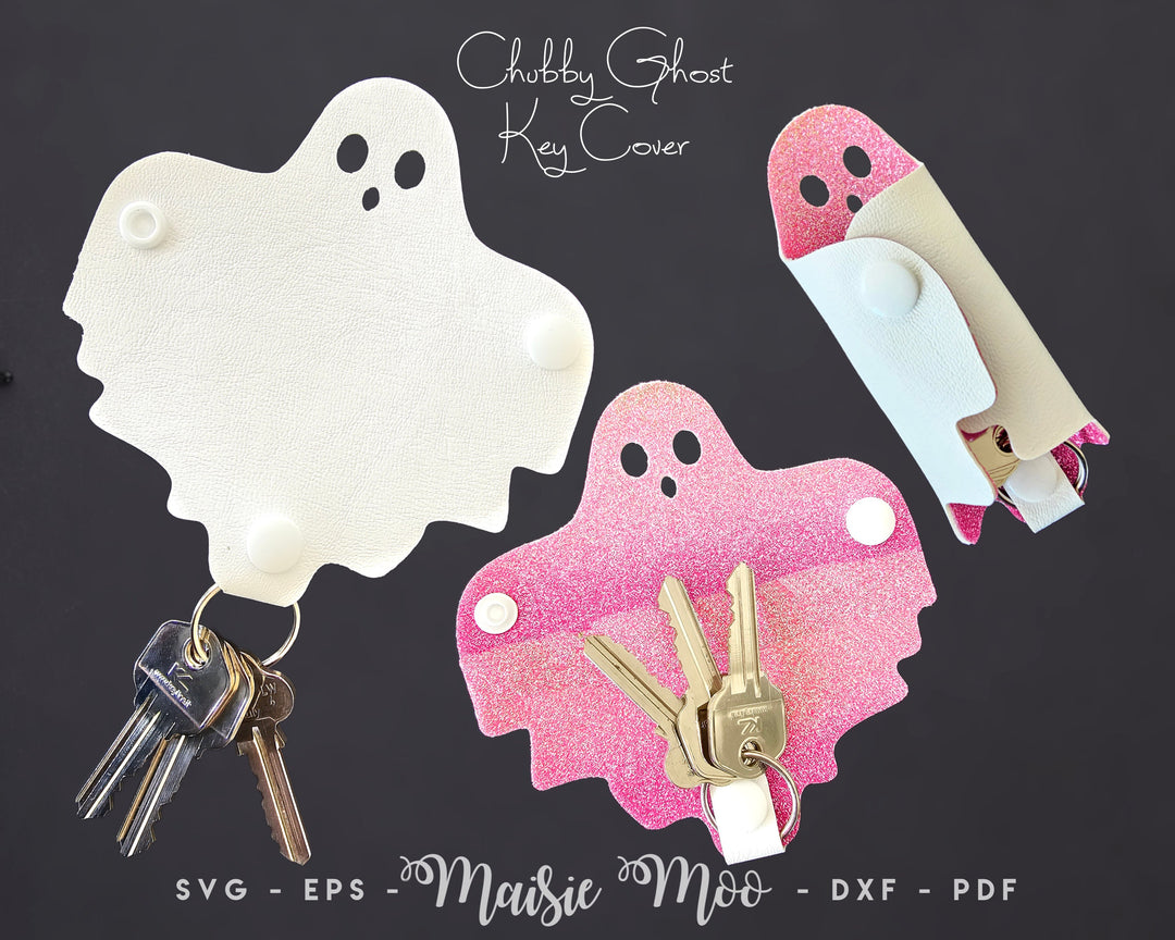 Cute Ghost Keychain SVG | Ghost Key Cover Template Key Wrap Bag Tag Fob | Halloween Faux Leather Fob Cut File