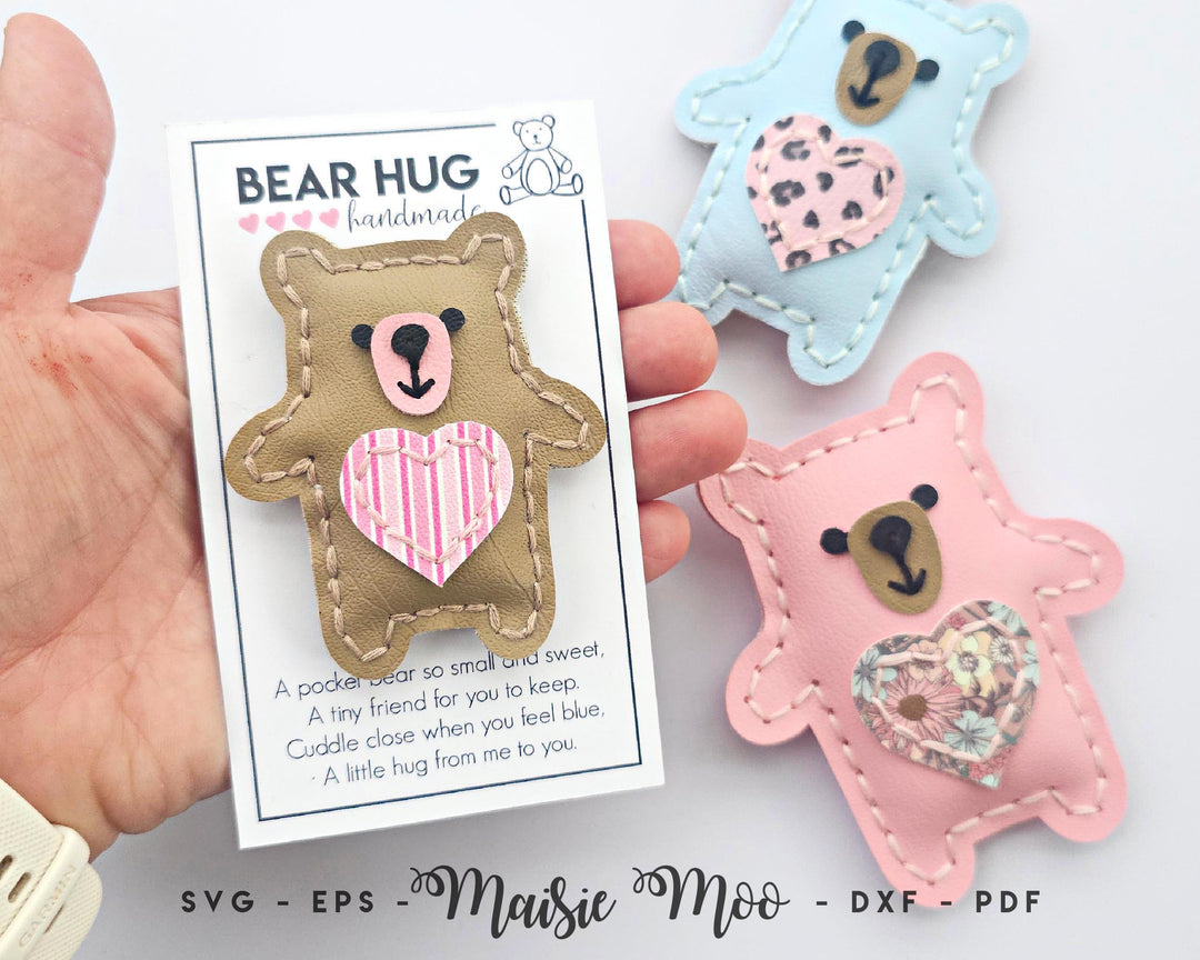 Pocket Hug SVG, Bear Hug Keychain Pattern, Mental Health Gift, Worry Bear, Faux Leather Template SVG, DIY Cricut Maisie Moo Design