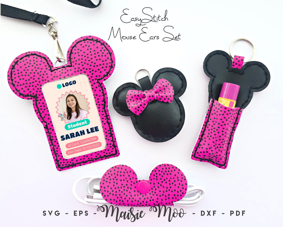 Mouse Ears Photocard Holder, Keychain, Lip Balm Holder & Cord Tidy, Faux Leather SVG Sewing Patterns, Cricut Crafts with Maisie Moo