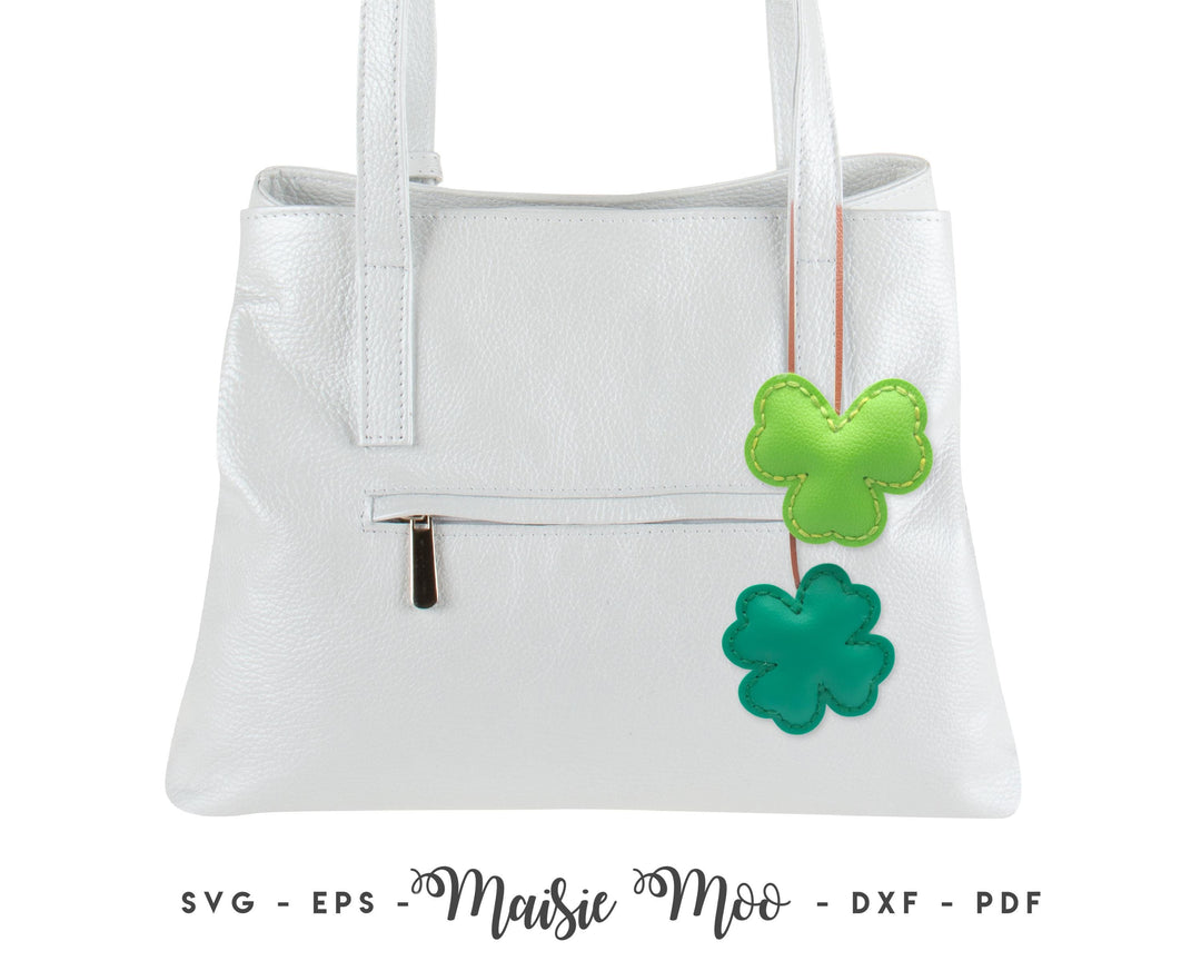 Lucky Bag Charm Key Chain SVG Pattern, Four Leaf Clover Faux Leather Bag Charm Pattern, Shamrock St Patricks Leather Bag Charm Template