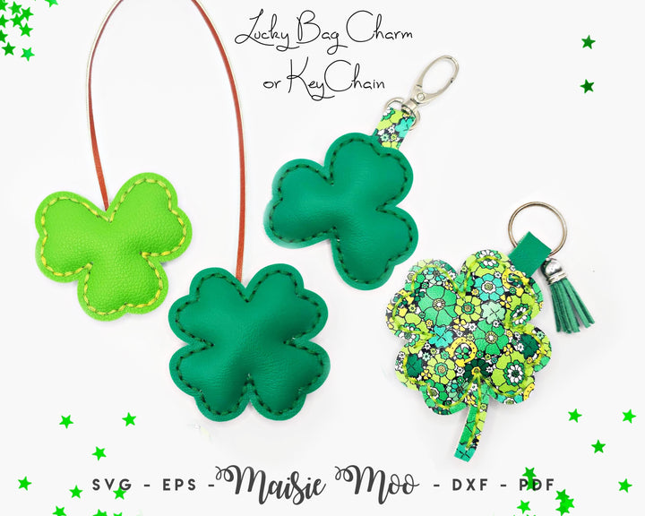 Lucky Bag Charm Key Chain SVG Pattern, Four Leaf Clover Faux Leather Bag Charm Pattern, Shamrock St Patricks Leather Bag Charm Template