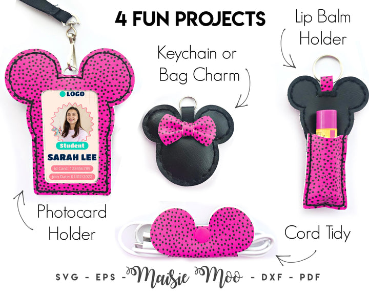 Mouse Ears Photocard Holder, Keychain, Lip Balm Holder & Cord Tidy, Faux Leather SVG Sewing Patterns, Cricut Crafts with Maisie Moo