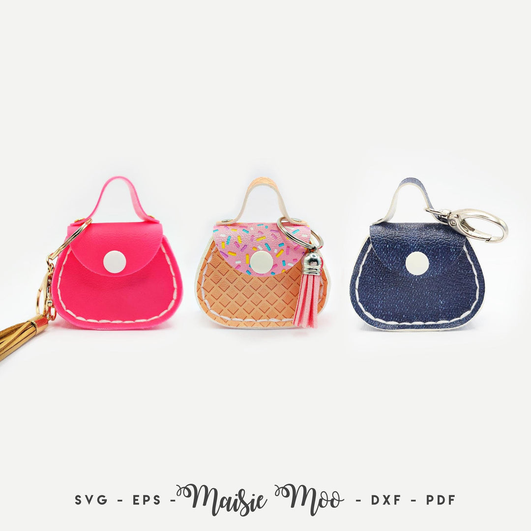 Mini Purse Bag Charm Pattern, Miniature Faux Leather Handbag Keychain SVG by Maisie Moo