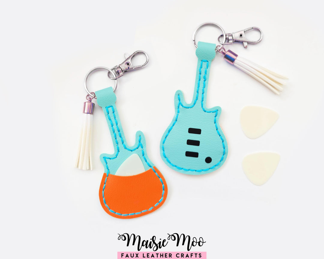 Guitar Shaped Pick Holder SVG Pattern, Faux Leather SVG Template, Plectrum Cover Keychain Hand Sew with Maisie Moo