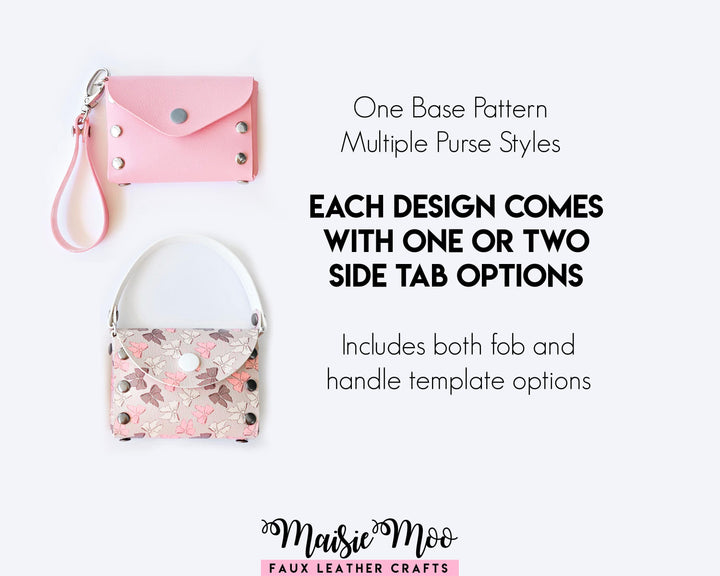 Rivet Purse in pink and floral designs showcasing versatile styles and tab options for a faux leather craft.